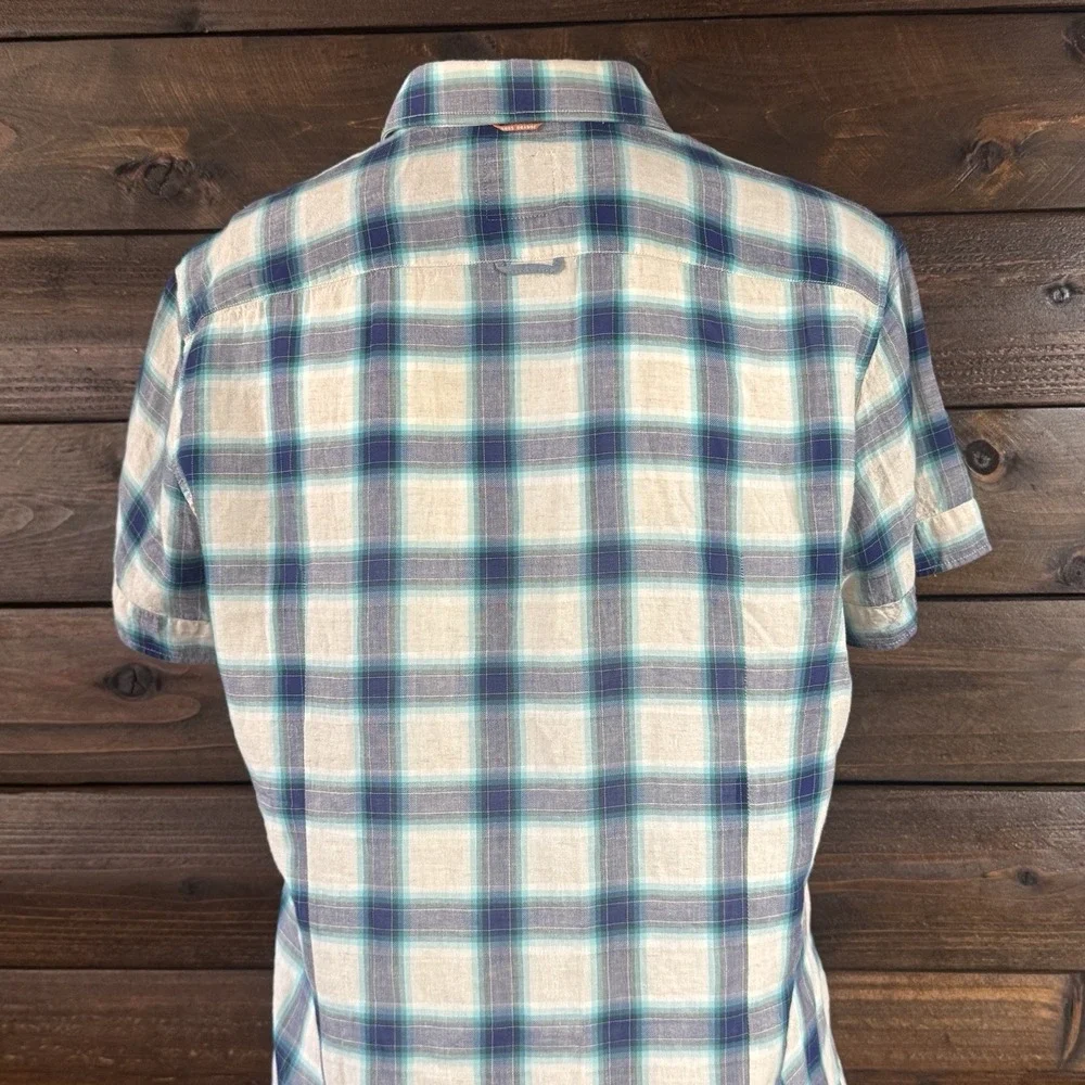 Boss Orange by Hugo Boss Mens M Shirt Blue White Plaid Print Linen Short Sleeves